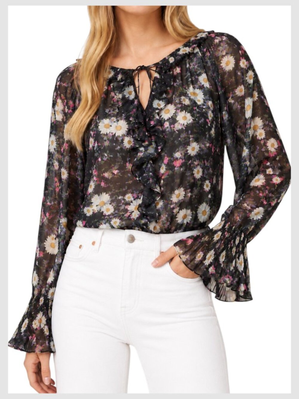 Kobi Halperin Sydney Blouse Black Pink White Multi Floral Chiffon Size L - Picture 11 of 11